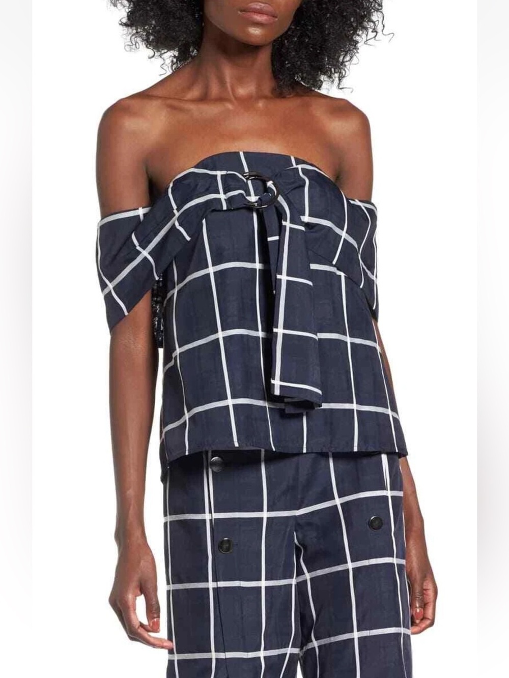 J.O.A Windowpane Plaid Off The Shoulder Navy White Sailor Wide Pants Set Medium